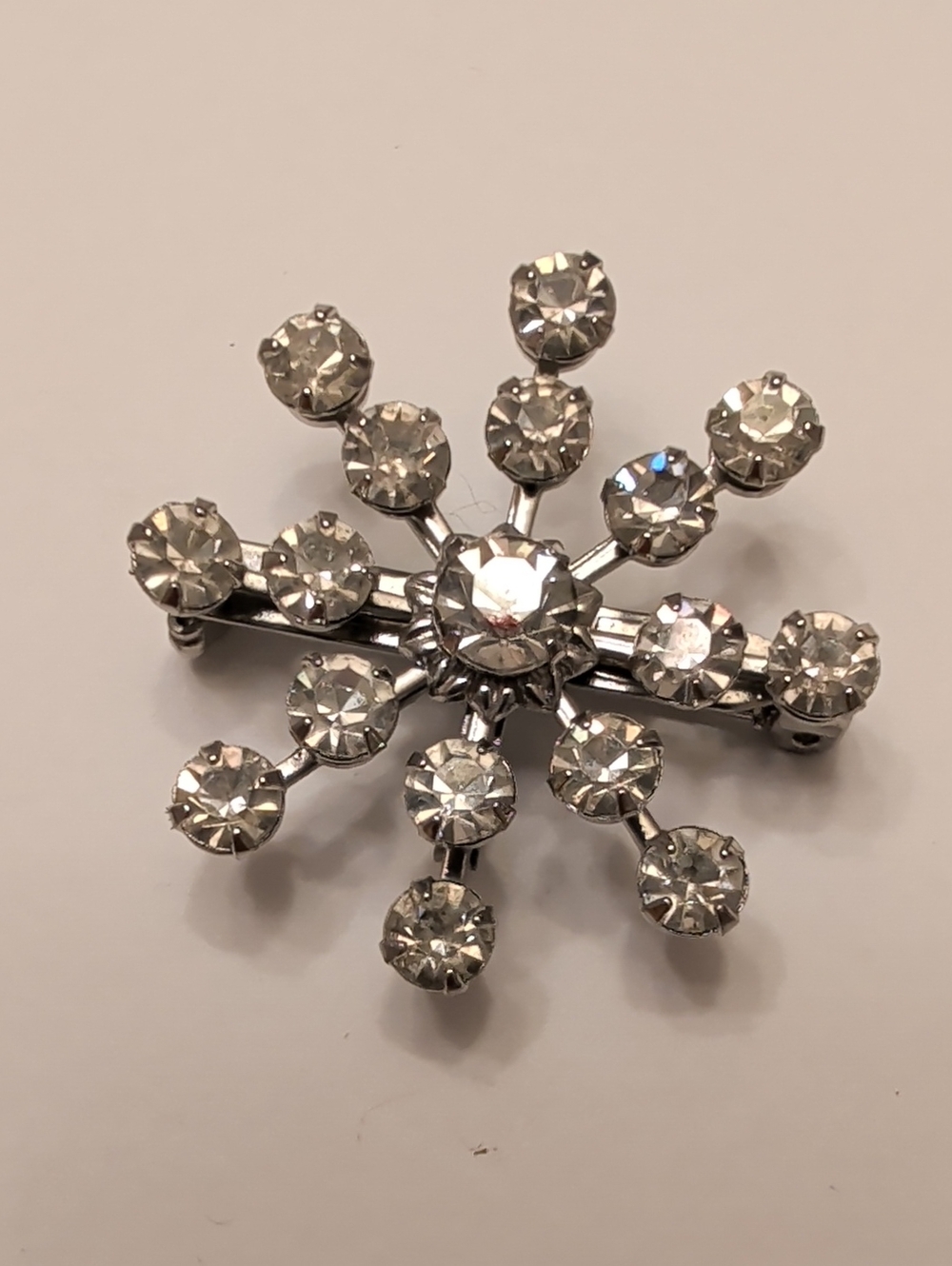 Vintage Silver Tone Snowflake Brooch with Clear Crystals